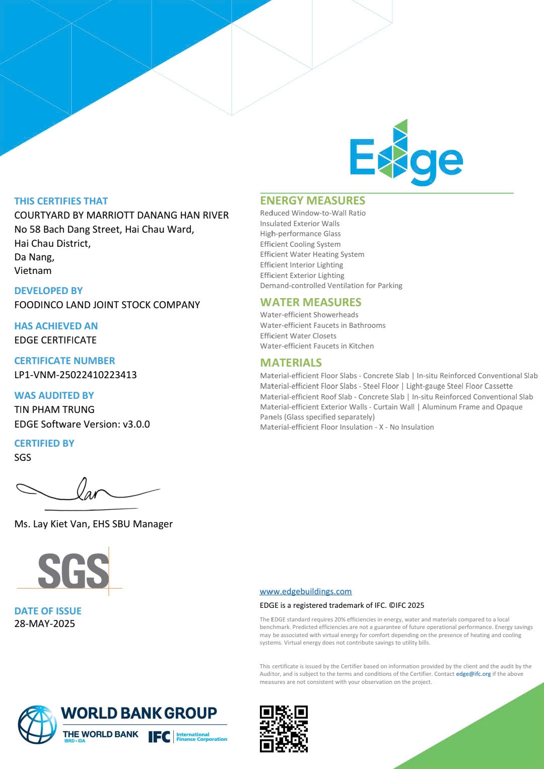 Khách sạn Courtyard By Marriott Danang Han River được cấp chứng chỉ “Công trình xanh” EDGE ngay trong ngày mở cửa!